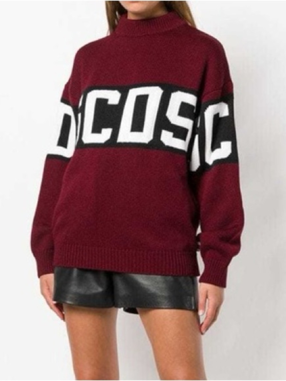 GCDS $525 Signature Intarsia Knit Mock Neck Sweater Burgundy